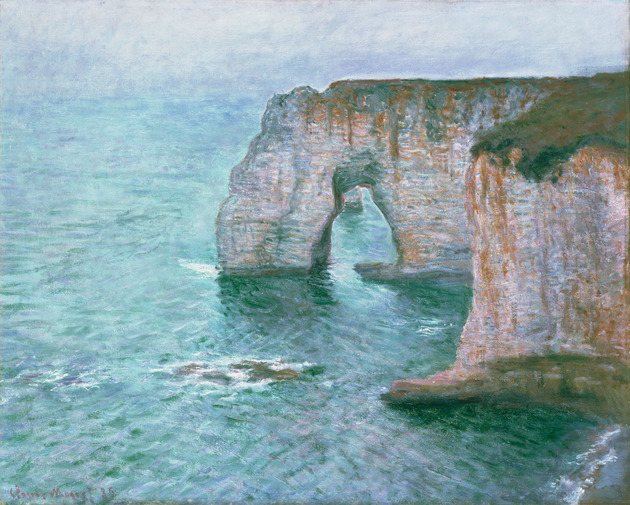 Painterly picture of cliffs and coast land formations running off into the ocean, mostly in blue and green colors